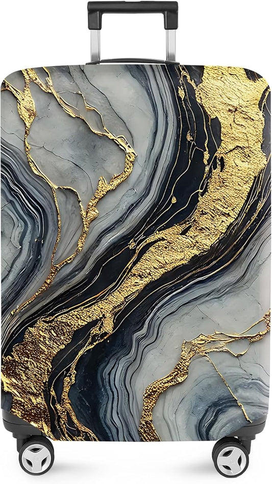 ANNA QUEEN Luxury Marble Gold Luggage Cover, Elegant Black & Grey Suitcase Protector with Faux Gold Vein Design, Stretchable, Washable Spandex Cover for 24-26 Inch Luggage