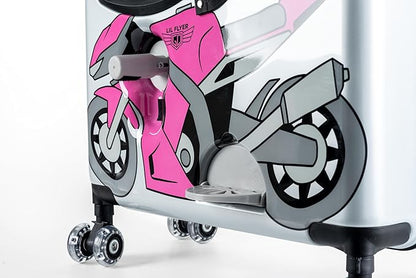 Younglingz LIL FLYER GO Version 2 Ride On Suitcase for Kids | Carry On Luggage with Toddler Seat, Foldable Handlebars, Pedals, and Removable Wheels | Holds up to 80 lbs | Pink Motorcycle | Ages 2-6