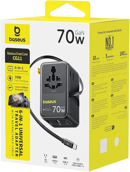 Baseus 70W Universal Travel Adapter with Retractable Cable, 6-in-1 International Plug Adapter, USB-C PD Fast Charging Worldwide Wall Charger for USA/EU/UK/AUS and Over 200 Countries - Enercore CG11