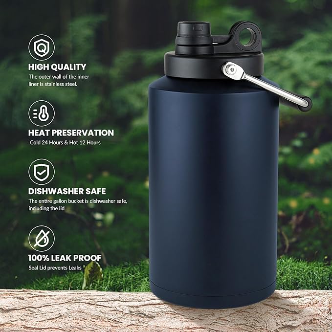 1 Gallon Water Jug Bottle Insulated with Straw, 128oz Stainless Steel Water Bottle Jug Wide Mouth Double Vacuum Dishwasher Safe BPA Free for Hot & Cold Drinks Navy Blue