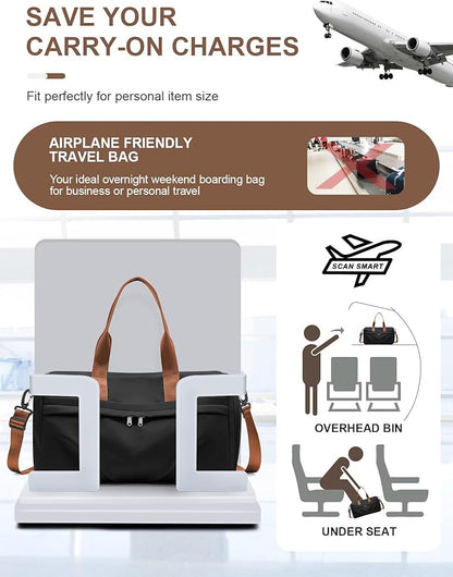 Gym Bag for Women Men with Shoe Compartment, Sport Duffel Bag, Waterproof Travel Weekender Overnight Carry on Bag for Yoga with Trolley Sleeve, Black Brown