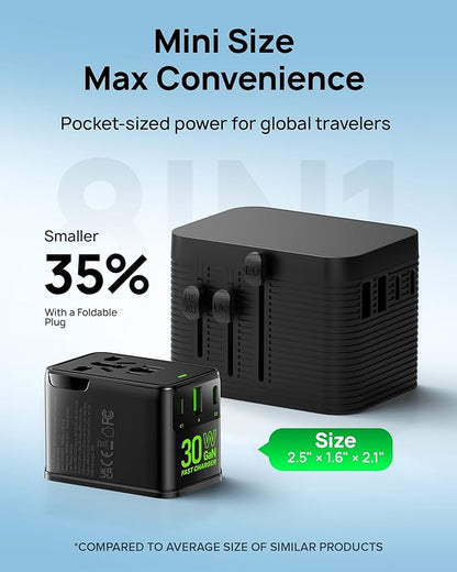 Tiny Universal Travel Adapter, 30W GaN Fast Charging International Power Adapter with 4 Ports (1 AC, 1 USB-A, and 2 USB-C), Plug Adapter with Smart Chip for Over 200 Countries, PD&QC Charger