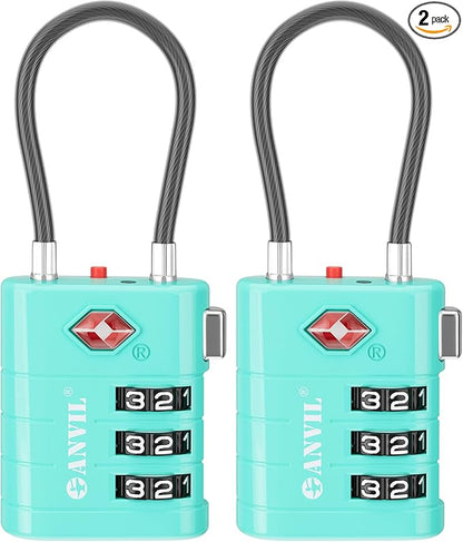ANVIL TSA Approved Luggage Locks – High Security TSA008 Combination Travel Locks with Inspection Indicator for Suitcases and Backpacks. (2, Cyan)