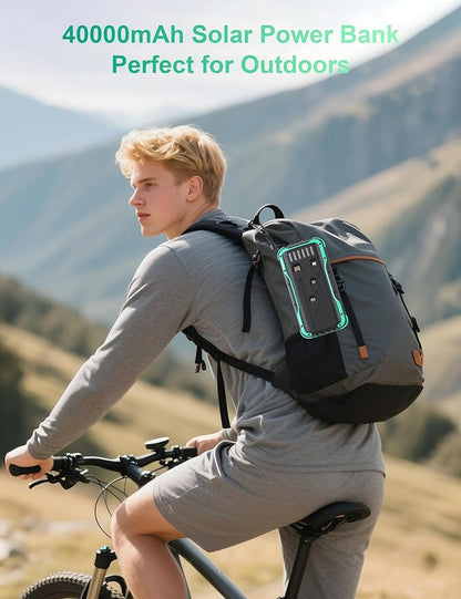 Solar Charger Power Bank, PD 20W Fast Charging External Batter, 40000mAh Portable Phone Charger Built in 4 Cables with Dual Bright Flashlights for Camping, Hiking, and Outdoor Use（Green）