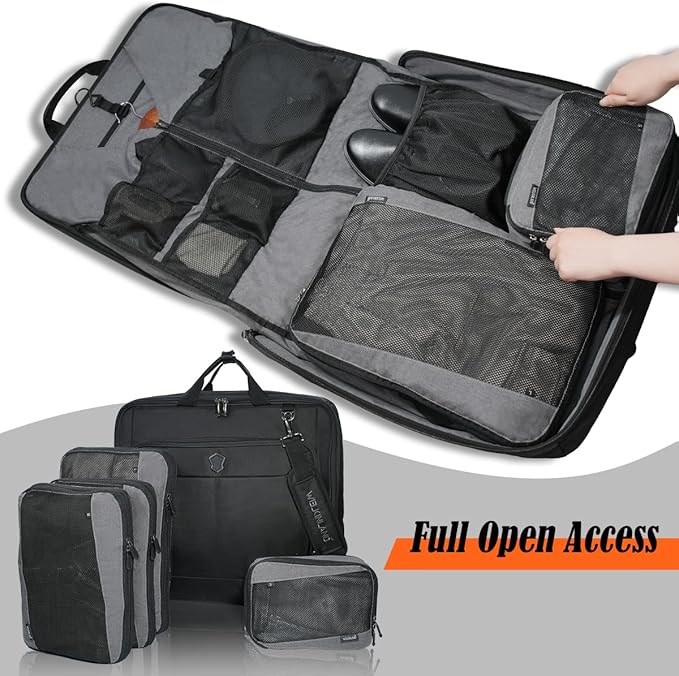 WELKINLAND 3-Suits Garment Bags for Travel W/ 4-Pack Compression Packing Cubes, 30L-Large Carry On Garment Bag for Travel, 15-Pockets Suit Holder Travel Bag, Wrinkle-Free Suit Garment Bag for Men