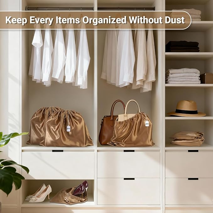 Ewen Pack of 7 Dustproof Drawstring Satin Shoe Bags with Blank Tags, 19.6x15.7in Dustbags for Handbags, Brown Travel Essentials Packing Bag Purse Organizer for Closet Home Storage Jewelry Organization