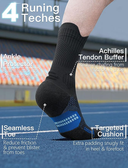 Mens Bamboo Viscose Crew Compression Running Socks Athletic Hiking Cushioned Wicking Anti-Blister Seamless