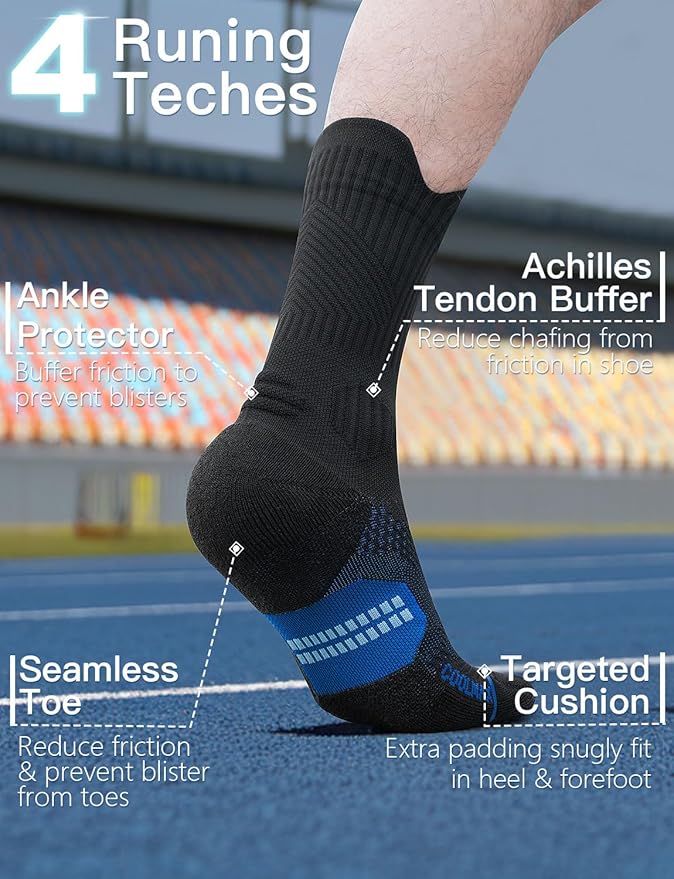 Mens Bamboo Viscose Crew Compression Running Socks Athletic Hiking Cushioned Wicking Anti-Blister Seamless