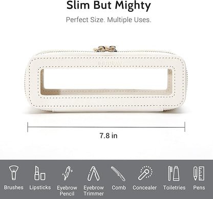 Aveniee Clear Makeup Brush Bag,Slim Cosmetic Brush Holder,Small Toiletry Bag Mini Travel Case for Women,Thin Make up Bags with Dual Zipper,Cute Travel Essentials Organizer,White