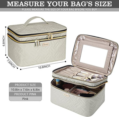 8.8L Double Layer Travel Makeup Bag With Mirror For Women, Large Cosmetic Case, Organizer for Travel-Size Accessories Bottles, Brushes,and Skin Care Products, 2.33 GAL, Beige