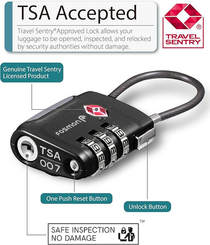 Fosmon TSA Approved Cable Locks for Luggage, Suitcase, Gun Case Lock with Push Release Button, 3 Digit Long Shackle Combination Wire Lock for Backpack