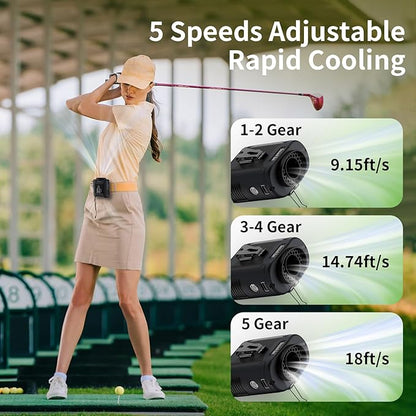 Socool 10000mAh Portable Waist Fan Clip on Wearable Belt Personal Fan Rechargeable Battery operated With 5 Speeds & Flashlight Neck Hands-Free 40H Cooling For Outdoor Camping Travel (Black)