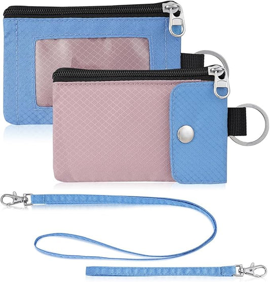 Minimalist Wallet For Mens Womens, Keychain RFID Blocking Zipper Small Wallet with ID Window 2 Lanyards,Water Resistant Travel Cash Card Coin Case Boys Girls