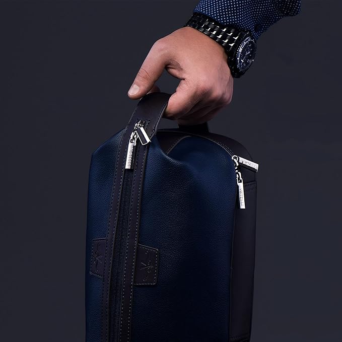 Vetell Leo Large Leather Men's Travel Toiletry and Shaving Case Bag with Upper and Lower Zippered Compartments, 3 Interior Loops and Carrying Handles