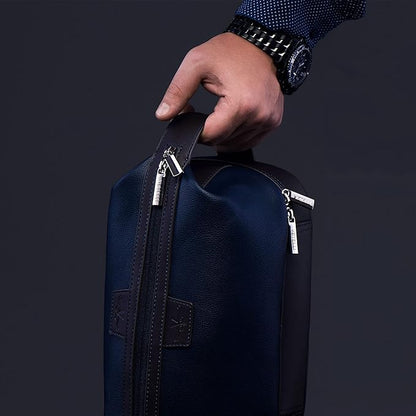 Vetell Leo Large Leather Men's Travel Toiletry and Shaving Case Bag with Upper and Lower Zippered Compartments, 3 Interior Loops and Carrying Handles