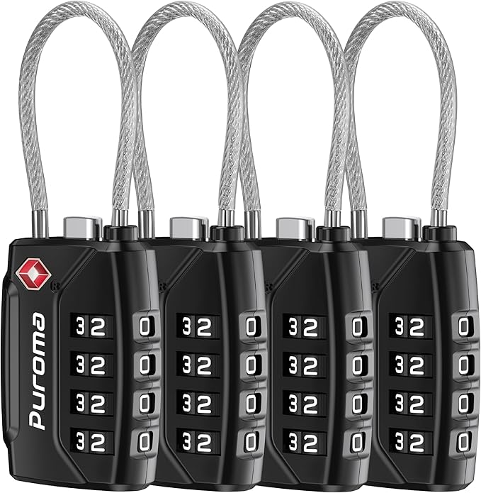 Puroma 4 Pack TSA Approved Luggage Locks, 4 Digit Combination Travel Locks Resettable Code Lock with Zinc Alloy Body for Suitcase, Toolbox, Backpack, Bag, Gym Locker (Basic Black)