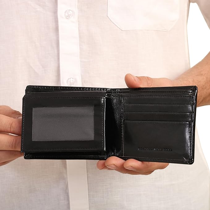 Hum & Hide Full-Grain Leather Wallet for Men – RFID Blocking Slim Bifold Wallet with ID Window, 8 Card Slots & Cash Compartment – Minimalist Black Leather Gift Wallet