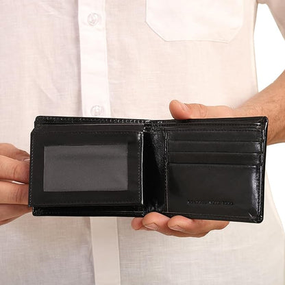 Hum & Hide Full-Grain Leather Wallet for Men – RFID Blocking Slim Bifold Wallet with ID Window, 8 Card Slots & Cash Compartment – Minimalist Black Leather Gift Wallet