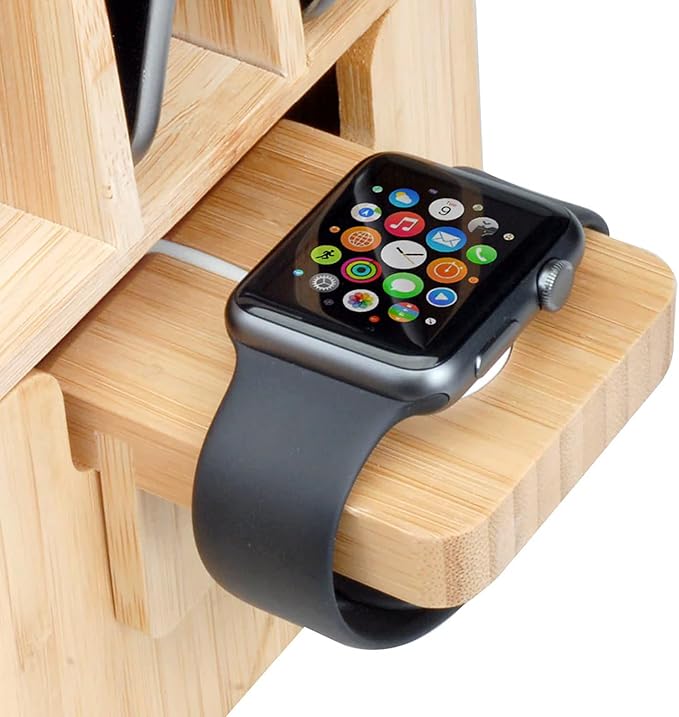 MobileVision Bamboo 12-Port Charging Station & Docking Organizer for Smartphones & Tablets, Family-Sized, for use in Corporate Offices & Classrooms (2 Bamboo Iwatch Adapter Stand add on Included)