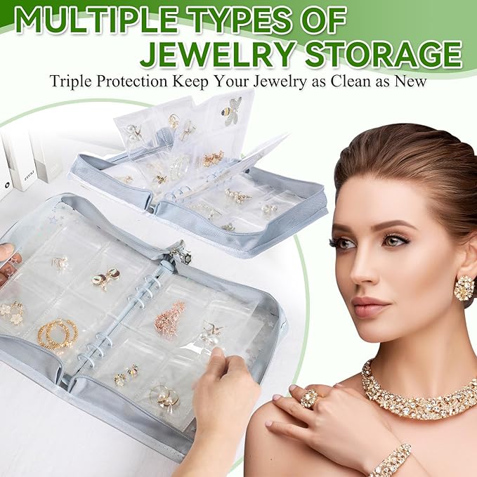 Jewelry Organizer Case Travel Clear Earring Organizer Case Transparent Jewelry Storage Book (Light blue, With 80 Pcs small Jewelry Pouches)