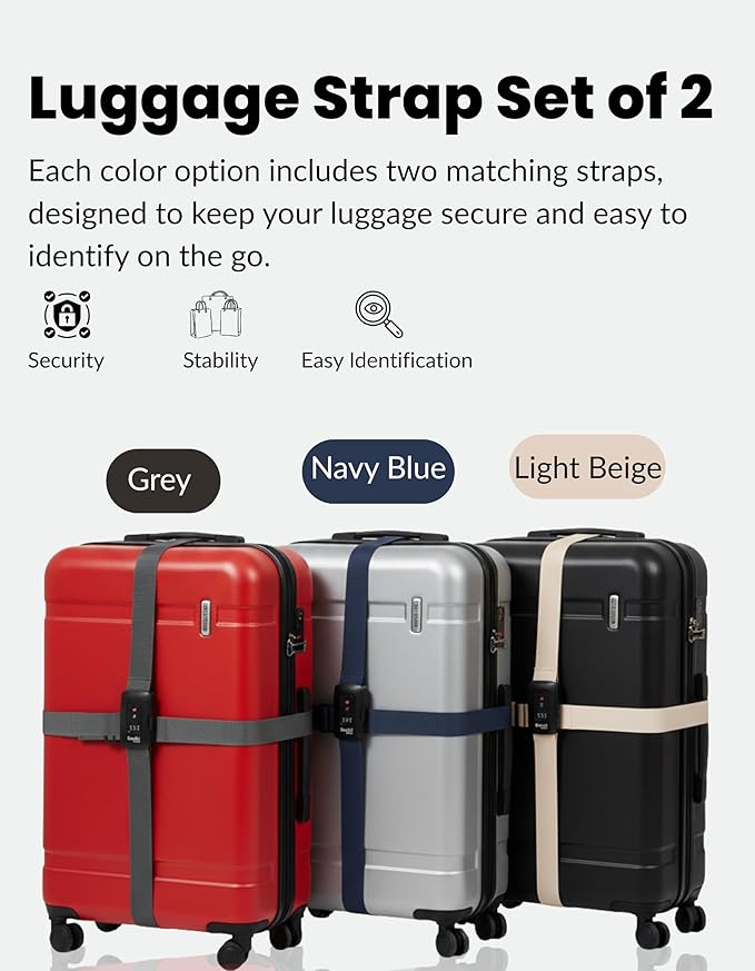 TSA Approved Luggage Straps – Set of 2 Anti-Burst Adjustable Polyester Suitcase Belts with 3-Dial Combination Lock – Prevents Accidental Opening, Secure Travel (Navy)