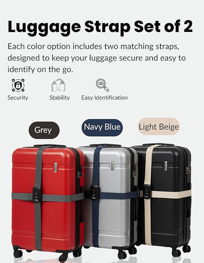 TSA Approved Luggage Straps – Set of 2 Anti-Burst Adjustable Polyester Suitcase Belts with 3-Dial Combination Lock – Prevents Accidental Opening, Secure Travel (Navy)