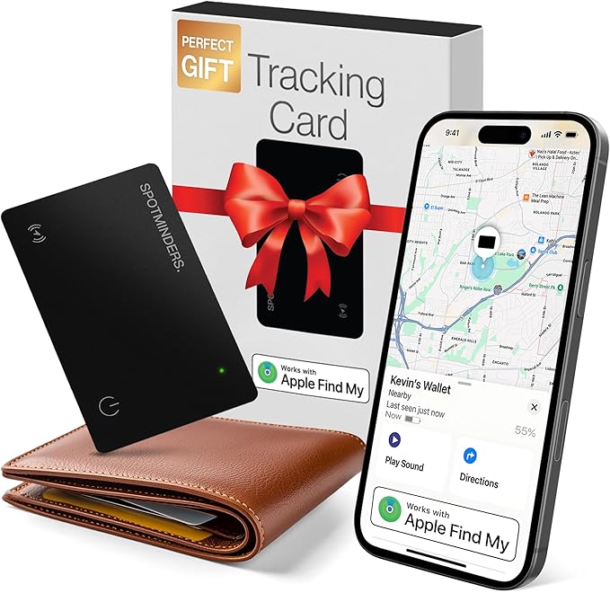 SPOTMINDERS Apple MFi Certified Wallet Tracker for Christmas Stocking Stuffers for Men Gifts for Women Works With Apple Find My Rechargeable 0.07in Slim Tracking Card - White Elephant Gifts for Adults