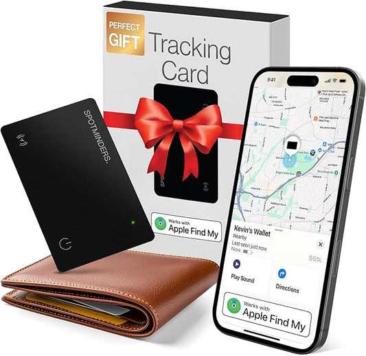 SPOTMINDERS Apple MFi Certified Wallet Tracker for Christmas Stocking Stuffers for Men Gifts for Women Works With Apple Find My Rechargeable 0.07in Slim Tracking Card - White Elephant Gifts for Adults