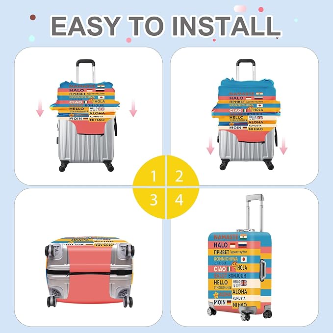 ANNA QUEEN Funny Multilingual Greetings Luggage Cover, Suitcase Protector with Hello in 15+ Languages, Stretchable, Washable Travel Cover for 32-34 Inch Luggage