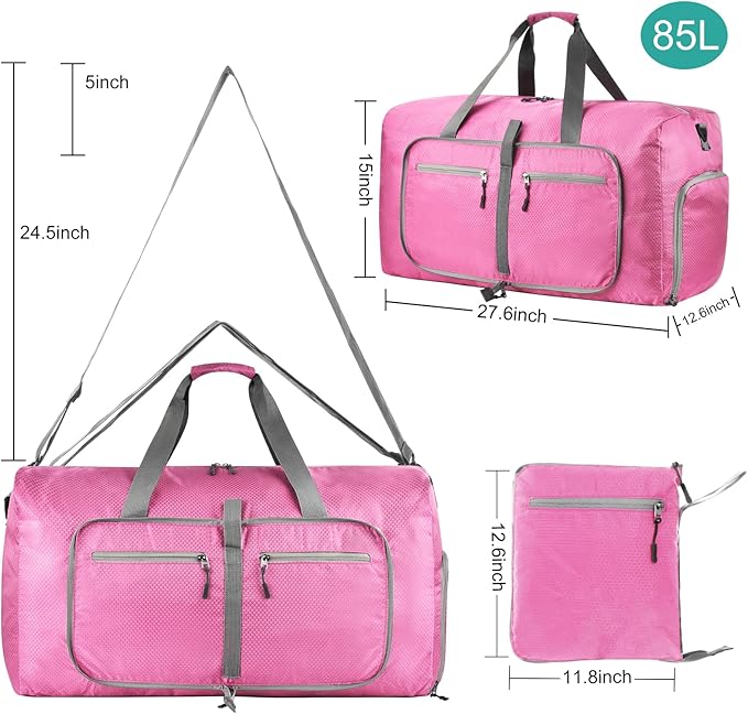 Dimayar Travel Duffle Bag for Men Women - Foldable Duffel Bag with Shoes Compartment - Overnight Bags Waterproof & Tear Resistant(85L,Pink)