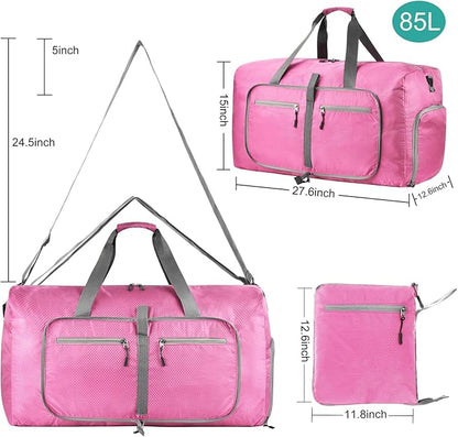 Dimayar Travel Duffle Bag for Men Women - Foldable Duffel Bag with Shoes Compartment - Overnight Bags Waterproof & Tear Resistant(85L,Pink)