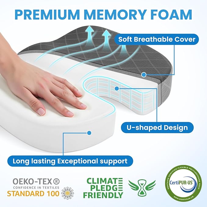 TushGuard Office/Car Seat Cushion, Non-Slip Sciatica & Back Coccyx Tailbone Pain Relief Chair Pad, Memory Foam Butt Pillow for Computer Desk, Wheelchair, Driving (Black&Grey, X-Large)