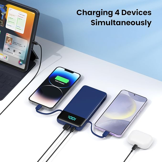 Portable Charger for iPhone with Built in Cables and Wall Plug,Upgraded 13800mAh Fast Charging USB C Power Bank,4 Outputs Travel Essential Battery Pack Compatible with iPhone 17/16/15/14,Samsung-Blue