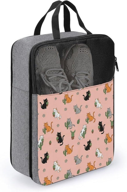 Dust-Proof Men & Women Travel Shoe Bag Cactus Cat Pink Portable Travel Shoe Packing Bag for Gym Sneaker Bags