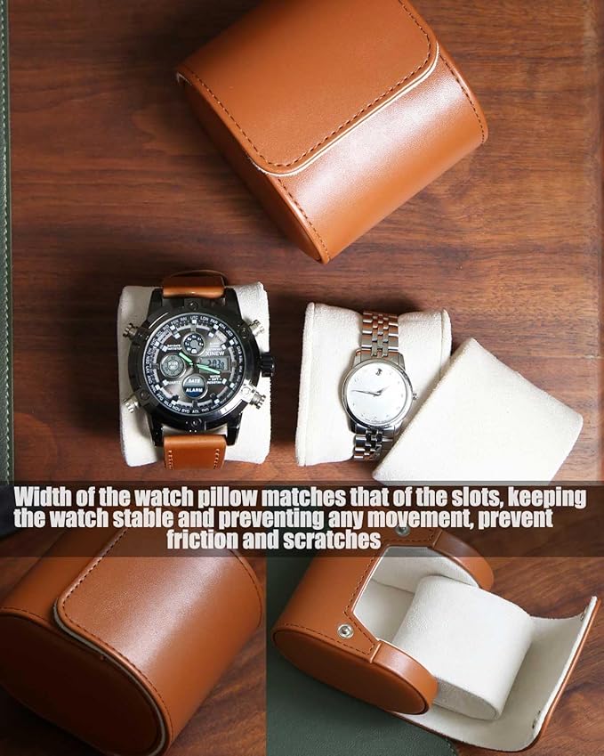 Leather Watch Case, Variable Size Pillow Design, Portable Storage Box with Faux Suede Fabric Lining for Men and Women