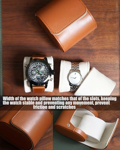 Leather Watch Case, Variable Size Pillow Design, Portable Storage Box with Faux Suede Fabric Lining for Men and Women