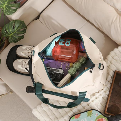 Personalized Duffel Bag Custom Sport Gym Travel Bags Embroidered Name Text Customized Dry Wet Separated Weekend Waterproof Bag for Women Men (D-Beige)