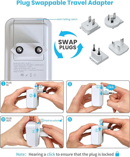 Universal Travel Adapter Kit, VINTAR International Plug Adapter with 3 USB Ports(2 USB C, 3.4A) and 2 American Outlets, Type A,C,G,I Detachable Attachments, Adapter for US/Japan/Europe/UK/AUS