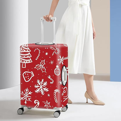 Red Christmas Luggage Cover – Snowflake & Candy Cane Suitcase Protector, Holiday Travel Luggage Sleeve, Stretchable & Waterproof, L