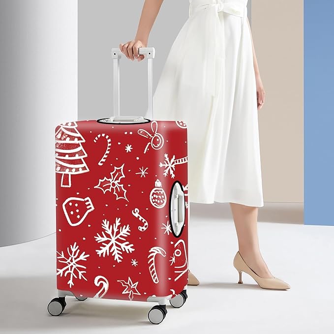 Red Christmas Luggage Cover – Snowflake & Candy Cane Suitcase Protector, Holiday Travel Luggage Sleeve, Stretchable & Waterproof,XL