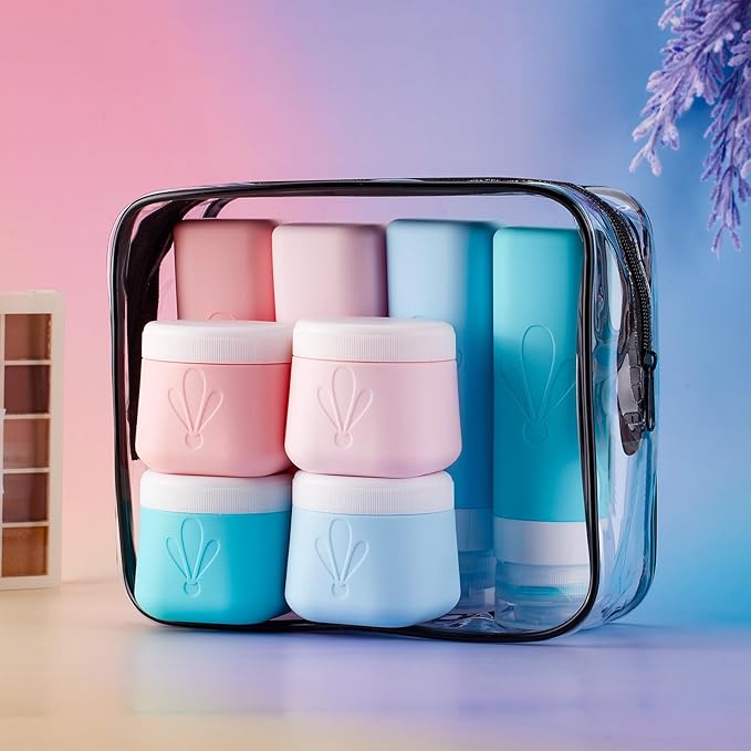 INSFIT 8 Pack Silicone Travel Bottles & Cream Jars with Toiletry Bag, 3oz Leakproof Containers & 2oz Jars with Waterproof Labels, BPA-Free Squeezable Toiletries Set for Shampoo, Lotion, Cosmetics
