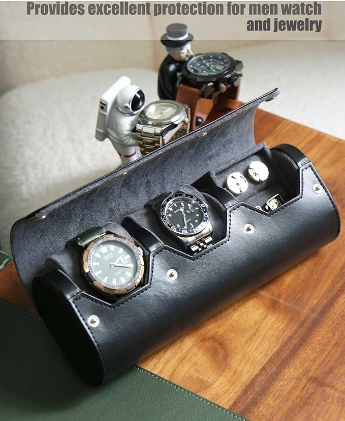 Travel Case for Watch and Cufflinks - PU Leather Organizer, Men's Storage Box, Portable Roll Set for 2 Watches - Gift
