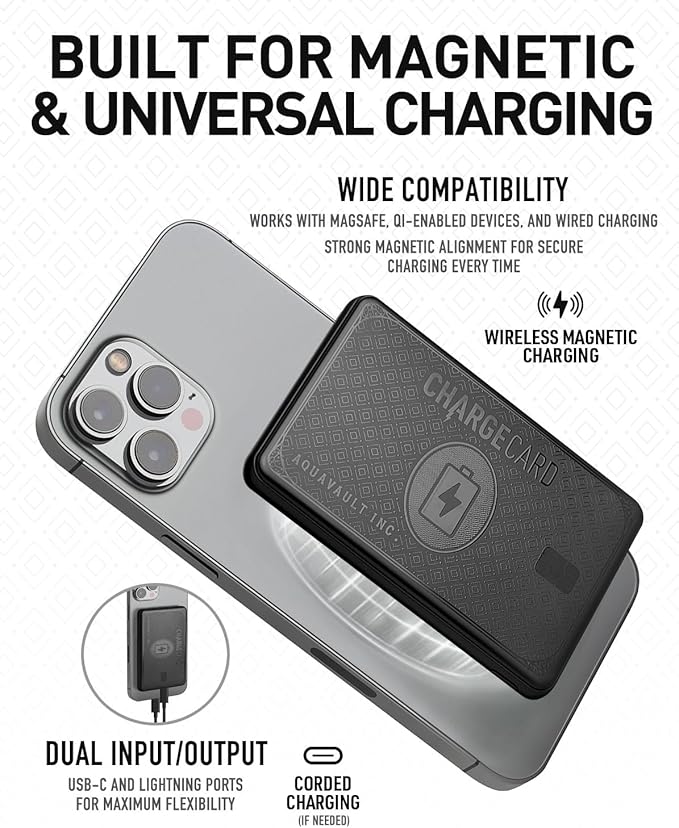 AquaVault Chargecard Magsafe Portable Charger 5000mAh 20W Fast Charge - Magnetic Power Bank, Ultra-Slim Battery Pack Compatible with iPhone 12-17 Series (Matte Black)