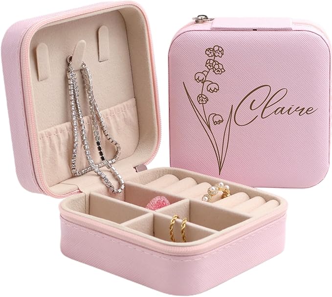 Personalized Leather Jewelry Box with Name and Birth Flower Month - Custom Jewelry Travel Case for Women, Mom, Nana, Children - Custom Name and Birth Flower Month Jewelry Organizer Box (Light Pink)