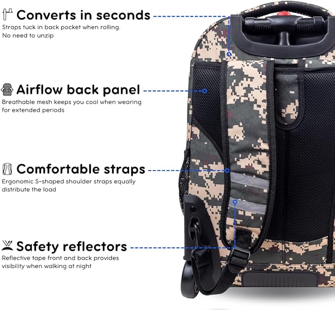 J World Sundance Laptop Rolling Backpack for Girls Boys. Roller Bookbag with Wheels, Green Camo