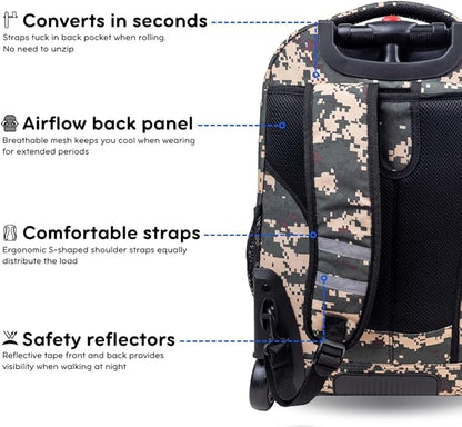 J World Sundance Laptop Rolling Backpack for Girls Boys. Roller Bookbag with Wheels, Green Camo