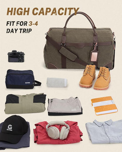 Gonex Waxed Canvas Duffle Bag for Travel, Water-resistant Vintage 55L Duffel Weekender with Shoes Compartment & Luggage Tag, Heavy-duty Overnight Bag with Suitcase Handle Sleeve for Men, Army Green