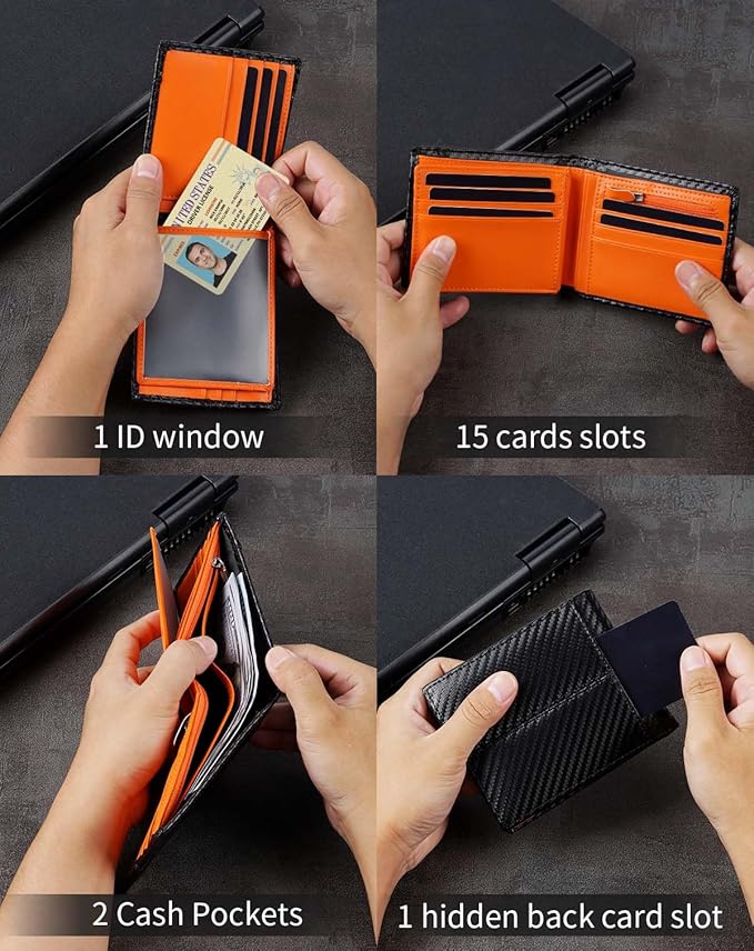 Swallowmall Leather Wallet for Mens Genuine Leather RFID Blocking Bifold Wallets with 1 ID Windows 15 Card Slots