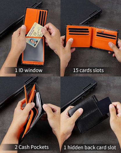 Swallowmall Leather Wallet for Mens Genuine Leather RFID Blocking Bifold Wallets with 1 ID Windows 15 Card Slots