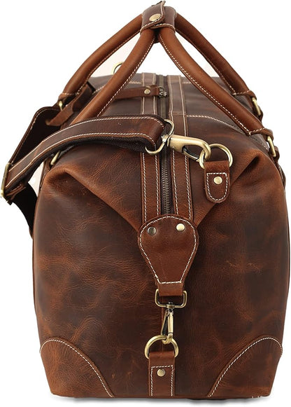KomalC Leather Duffel Bags for Men and Women - Full Grain Buffalo Leather - Dark Tan